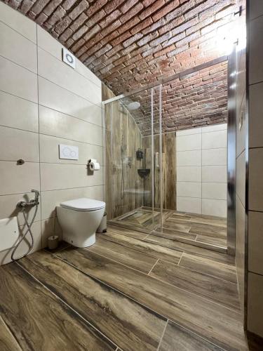 a bathroom with a toilet and a glass shower at B&B Blue Dragonfly in Paesana