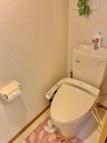 a bathroom with a white toilet and a pink rug at HOTEL k&m in Tokyo