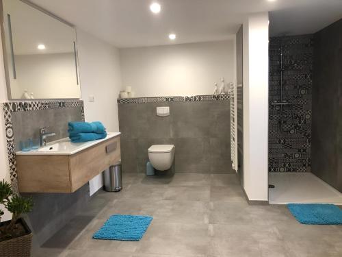 a bathroom with a sink and a toilet and a shower at Ferienhaus Kollmer in Bad Koetzting