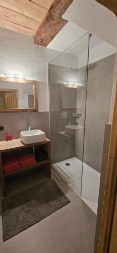 a bathroom with a shower and a sink at Molin in Vigo di Fassa