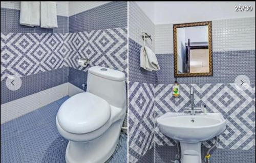 two pictures of a bathroom with a toilet and a sink at HOTEL The Puadh Stay in Lāndrān
