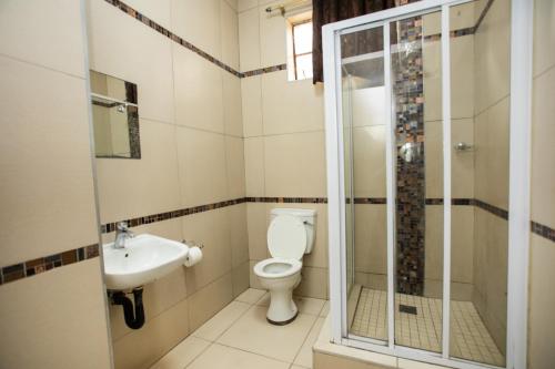 a bathroom with a toilet and a sink and a shower at Tudor House Hotel in Durban