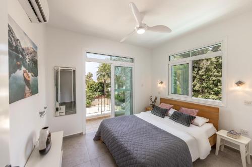 a bedroom with a bed and a tv and windows at Villa Mesogeios 39 in Paralimni