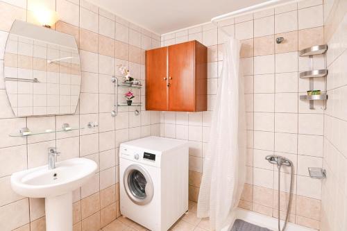a bathroom with a washing machine and a sink at Efrosini & Ioanna Apartment in Ligaria