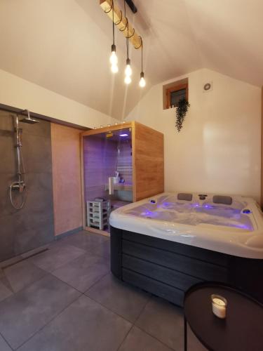 a large bathroom with a large tub and a shower at Holiday House - Hidden in Velebit in Senj