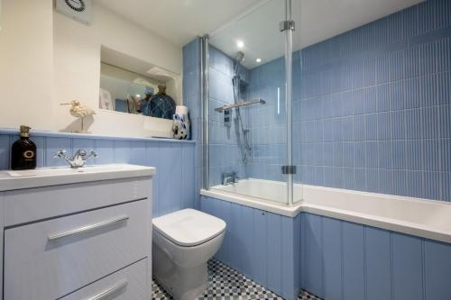 a blue bathroom with a toilet and a shower at No33 BRACKEN BOUTIQUE COTTAGE in Brancaster