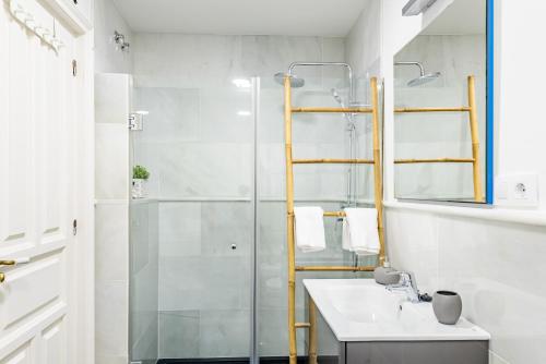 ein Bad mit einer Dusche, einem Waschbecken und einem Spiegel in der Unterkunft Apartamento Garcia Lorca Granada in Granada