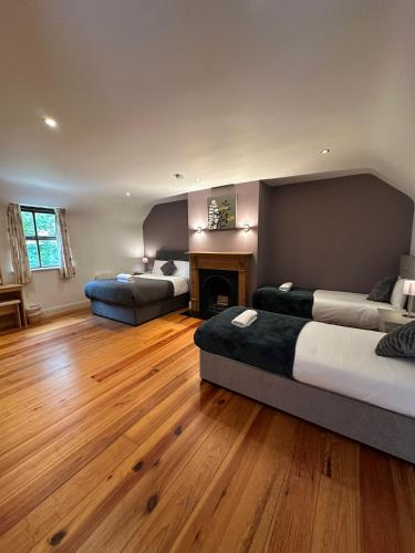 a living room with two beds and a fireplace at Clós Na Feirme in Galway