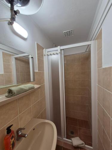 a bathroom with a shower and a sink at Gesztenyés Üdülő in Balatonudvari