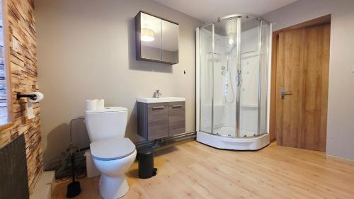 a bathroom with a toilet and a shower at Le Petit Minck in Grand-Fort-Philippe