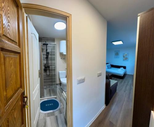 a bathroom with a walk in shower and a sink at Arija Apartment Sarajevo in Sarajevo