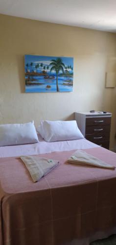 a bedroom with a large bed with a pink blanket at Porto Pousada in Ipojuca
