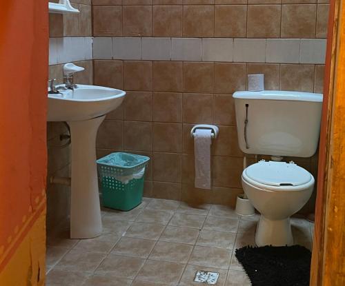 a bathroom with a toilet and a sink at Rancho Lamaral Hostel & Camping in Rodeo