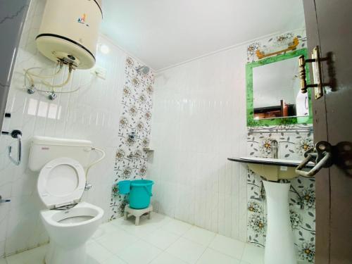 a bathroom with a toilet and a sink and a mirror at Siachen Hotel in Kargil