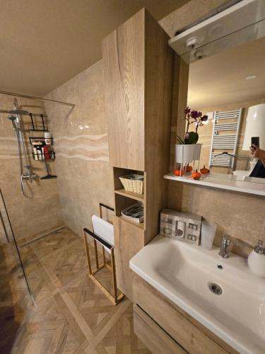a bathroom with a sink and a shower at Kuća za odmor Velnira in Ozalj
