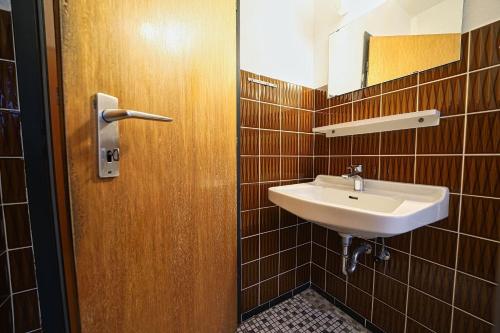 a bathroom with a sink and a mirror at Appartement-4 in Süddorf
