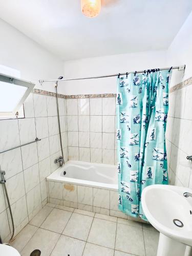 a bathroom with a bath tub and a sink at Quinta Toca do leão in Ribeira Grande