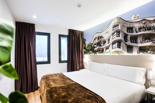 a bedroom with a bed and a building mural on the wall at HOTEL BESTPRICE Maragall in Barcelona