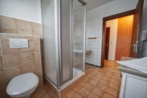 a bathroom with a shower and a toilet in it at Appartement-9 in Süddorf