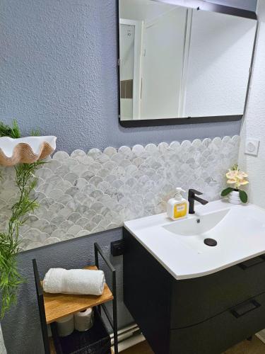 a bathroom with a sink and a mirror at ''Coccinelle'' WIFI - CENTRE - MODERNE in Dax