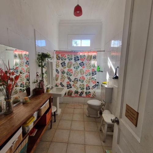 a bathroom with a toilet and a shower curtain at Habiteca Acentto B&B in Viña del Mar