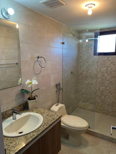 a bathroom with a toilet and a sink and a shower at Brisas Vista Serena in Nueva Gorgona