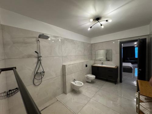a bathroom with a shower and a toilet and a sink at PET apartments in Râmnicu Vâlcea