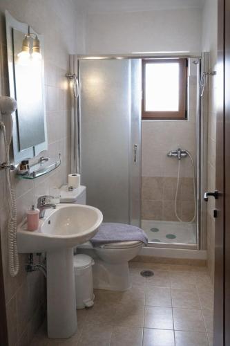 ein Badezimmer mit Toilette, Waschbecken und Dusche in der Unterkunft Orama Hotel - Serene Lake Plastira Retreat with Stunning Views in Kryonérion