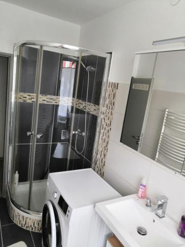 a bathroom with a washing machine and a sink at Monteurzimmer und Reisende in Salzgitter
