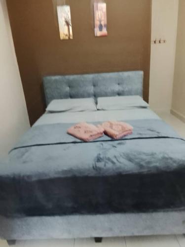 a bed with two pink towels on top of it at Mersing Chalet Teluk Sisek in Kampong Sisek