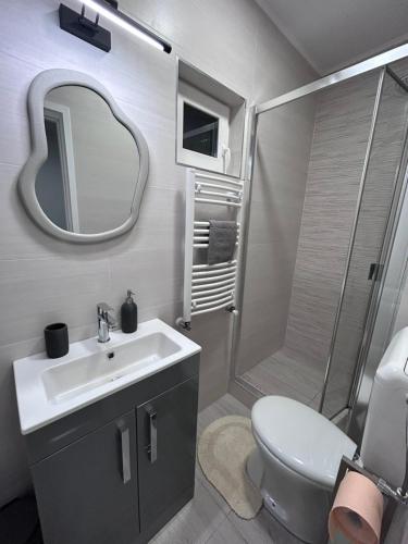a bathroom with a toilet and a sink and a shower at Alex Vip Apartman in Hajdúszoboszló