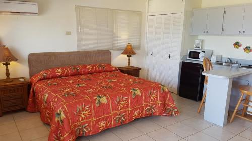 a bedroom with a bed and a kitchen with a microwave at Aruba Beach Villas in Palm-Eagle Beach