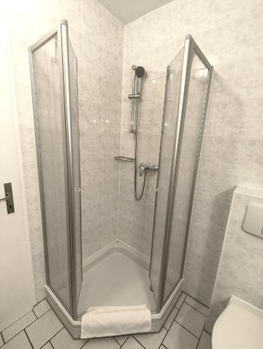a shower with a glass door in a bathroom at Ferienhotel Zwotatal in Klingenthal