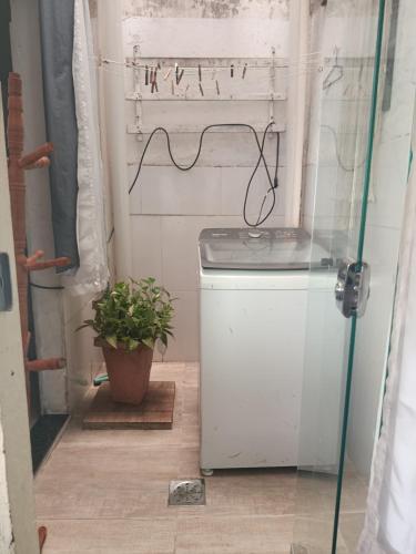 a laundry room with a washing machine and a plant at Espaço Bahia Bella in Porto Seguro