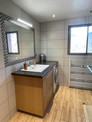 a bathroom with a sink and a washing machine at Chalet les Lurins in Villarlurin