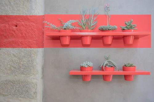 a red shelf with potted plants on a wall at Liiiving in Porto - Clérigos Terrace Apartment in Porto