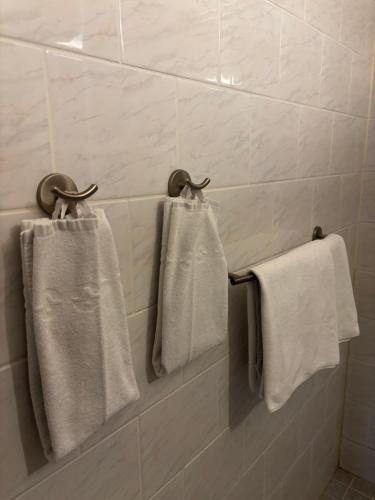 two towels hanging on a wall in a bathroom at Hotelli Pihkuri in Viitasaari