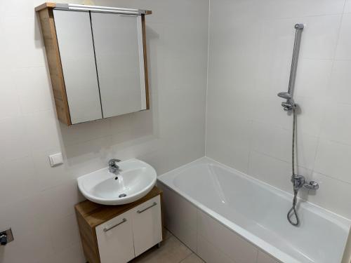 a bathroom with a sink and a tub and a mirror at QuietApt Vienna in Vienna