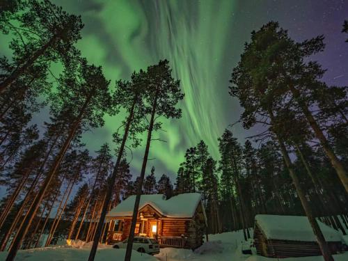 a cabin under the aurora in the woods at Holiday Home Peurankuoppa by Interhome in Lemmenjoki
