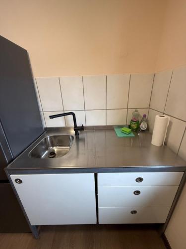 a small kitchen with a sink and a counter at Monteurpension Haus Monika in Marktheidenfeld