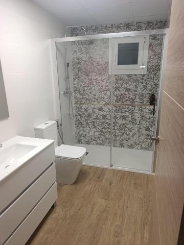 a bathroom with a shower with a toilet and a sink at Casa rural El Terreno in Teruel