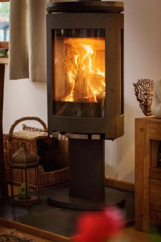 a fireplace in a living room with a fire in it at The Guest House in Vallorcine