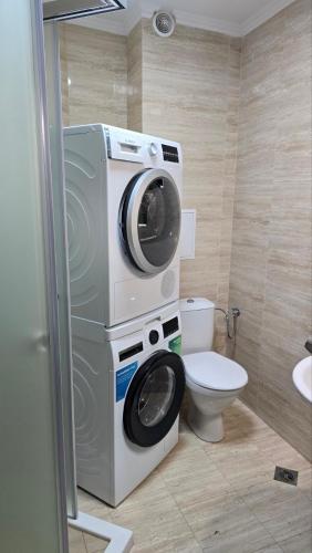 a washer and dryer in a bathroom with a toilet at Apart-Hotel Argo in Lozenets