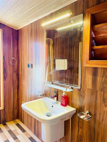 a bathroom with a white sink and wooden walls at Paddy Breeze Cabana Ella in Ella