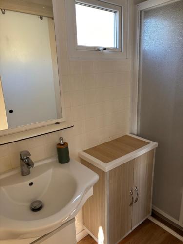 a bathroom with a white sink and a window at Camping LLuçanès in Olost