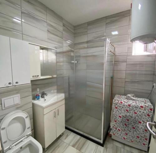 a bathroom with a shower and a toilet and a sink at Cozy Apartment in Prishtinë