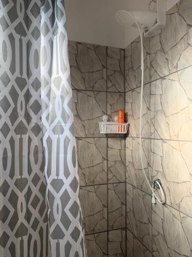 a shower with a shower curtain in a bathroom at Casa Mia in Sámara