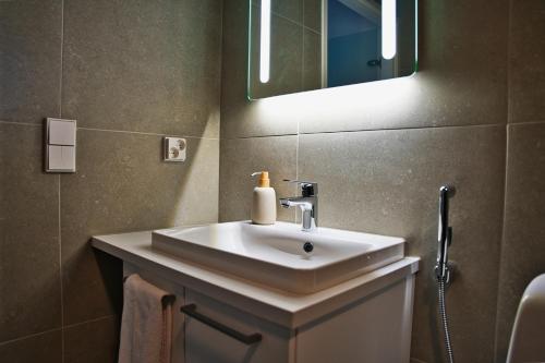 a bathroom with a white sink and a mirror at Villa Mustikkaranta Koli, oma ranta in Kolinkylä