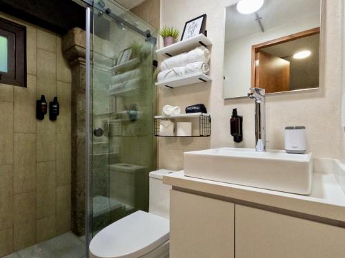 a bathroom with a sink and a shower and a toilet at Mi Zona Lodging Coyoacán in Mexico City