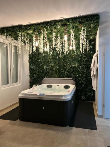 a bath tub in a bathroom with a green wall at Jardin eden88 in Saint Die